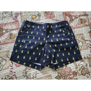 J Crew‎ Women's Navy Blue Yellow Pineapple Chino Shorts Side Zip Stretch Size 4